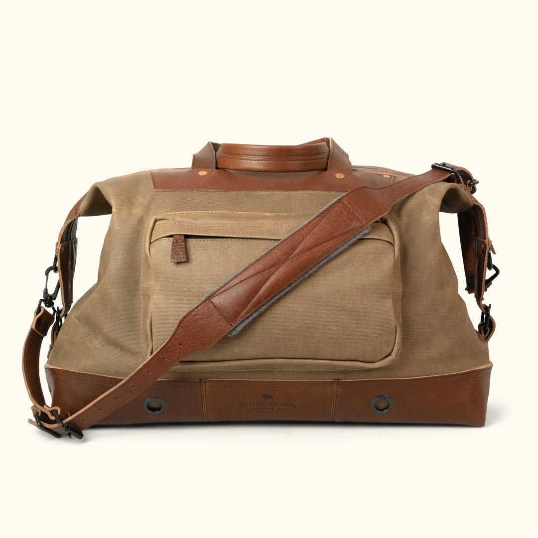 Dakota Waxed Canvas and Leather Oversized Weekend Bag in Field Khaki with Chestnut Brown